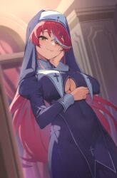 1girl breasts clothing_cutout coif covered_navel cross eyes_visible_through_hair from_below habit hand_on_own_face hand_up head_tilt heterochromia highres hololive houshou_marine houshou_marine_(nun) impossible_clothes indoors large_breasts long_hair looking_at_viewer nun red_eyes red_hair reulem smile solo underboob underboob_cutout virtual_youtuber yellow_eyes