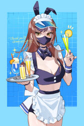 1girl absurdres animal_ears apron bare_shoulders black_nails blue_choker blue_shirt blue_shorts bow bowtie breasts brown_hair choker cleavage commission cowboy_shot crop_top cup detached_collar drinking_glass fake_animal_ears frilled_apron frilled_shirt frills headdress high-waist_shorts highres holding holding_cup hurricane_glass long_hair looking_at_viewer mask medium_breasts midriff mouth_mask nail_polish original rabbit_ears shirt short_shorts shorts skeb_commission sleeveless sleeveless_shirt solo temu_(tem27) tray visor_cap waist_apron wristband yellow_eyes
