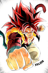 Rule 34 | 1boy, blue eyes, brown fur, dragon ball, dragon ball gt, gogeta, happy, muscular, muscular male, punching, red hair, smile, solo, tail, white background