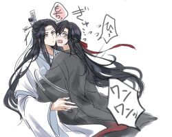2boys black_hair blush chinese_clothes closed_mouth coat floating_hair grey_coat grey_eyes hair_down hair_ribbon half_updo hanfu headband highres hug lan_wangji long_hair long_sleeves looking_at_another looking_at_viewer male_focus modao_zushi motion_lines multiple_boys official_alternate_costume official_alternate_hairstyle open_mouth red_ribbon ribbon robe semiusa1010 simple_background speech_bubble tears topknot wei_wuxian wei_wuxian_(yiling_laozu) white_background white_hanfu white_headband wide_sleeves xiao_guan_(headdress) yaoi yellow_eyes