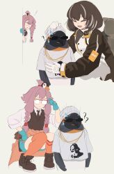 ! 0_0 2girls :d ? ?? ^_^ absurdres adjusting_eyewear animal arknights asymmetrical_sleeves beanie black_necktie blue_gloves blue_shorts blush boots braid brown_boots brown_hair brown_jacket brown_socks brown_thighhighs closed_eyes collared_shirt emperor_(arknights) gloom_(expression) gloves grey_background grey_hair grey_hat hat headpat highres jacket kneehighs long_sleeves magallan_(arknights) may_(arknights) multicolored_hair multiple_girls necktie open_mouth over-rim_eyewear puffy_long_sleeves puffy_sleeves purple_hair red-framed_eyewear rui_(rei_leyi) semi-rimless_eyewear shirt short_shorts short_sleeves shorts simple_background single_kneehigh single_sock single_thighhigh smile socks sparkle squatting streaked_hair sunglasses sweat sweater_vest thighhighs twin_braids v-shaped_eyebrows white_gloves white_shirt