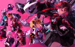 4boys 5girls absurdres adapted_costume aigis_(persona) alternate_costume amada_ken aqua_hair aragaki_shinjirou armband baseball_cap beanie black_jacket black_skirt blonde_hair blue_eyes blue_hat bow brown_hair card chain coffin collared_shirt cowboy_shot dog gekkoukan_high_school_uniform hair_ornament hand_up hat headphones highres iori_junpei jacket kirijou_mitsuru koromaru_(persona) long_hair long_sleeves looking_at_another multiple_boys multiple_girls neo_(blazykun) parted_lips persona persona_3 persona_3_portable persona_3_reload pink_background red_armband red_bow red_eyes red_hair red_vest sanada_akihiko school_uniform shiba_inu shiomi_kotone shirt short_hair skirt solo_focus sweater_vest takeba_yukari thanatos_(persona) vest white_hair white_shirt yamagishi_fuuka