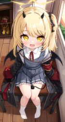 1girl absurdres asymmetrical_hair black_coat black_horns black_ribbon black_tail black_wings blonde_hair blue_archive blue_dress classroom coat collared_shirt commentary comodox demon_girl demon_horns demon_tail demon_wings desk dress english_commentary flat_chest full_body hair_ribbon halo highres horns ibuki_(blue_archive) indoors large_variant_set long_sleeves neck_ribbon on_desk open_mouth paid_reward_available pinafore_dress red_ribbon ribbon shirt side_ponytail sitting sleeveless sleeveless_dress sleeves_past_wrists socks solo tail variant_set white_shirt white_socks wings yellow_eyes yellow_halo