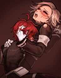 2boys ahoge aotsuki_eito armband black_shirt closed_eyes eyelashes glasses gloves grabbing_another&#039;s_hair gradient_background grey_hair highres kurapixel last_defense_academy_school_uniform male_focus messy_hair multiple_boys open_mouth parted_hair red_background red_hair saliva shirt simple_background sumino_takumi teeth the_hundred_line_-last_defense_academy- tongue upper_teeth_only white_gloves yaoi
