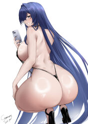 1girl absurdres ass azur_lane black_nails black_slingshot_swimsuit blue_eyes blue_hair breasts cellphone commission english_text facing_away high_heels highres holding holding_phone huge_ass iphone irkawaza jewelry large_breasts long_hair looking_at_viewer looking_back nail_polish new_jersey_(azur_lane) phone ring sideboob simple_background slingshot_swimsuit smartphone solo squatting swimsuit thick_thighs thighs white_background
