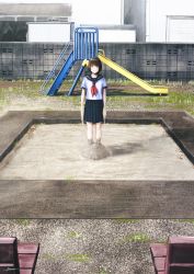 Rule 34 | 1girl, arms at sides, bench, black hair, blouse, blue eyes, blue skirt, building, day, female focus, fracoco, full body, grass, highres, looking at viewer, melting, original, outdoors, playground, pleated skirt, red neckwear, sailor collar, sand, sandbox, school uniform, serafuku, shirt, skirt, slide, solo