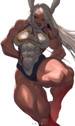 Rule 34 | 1girl, abs, animal ears, arms behind back, artist name, bare arms, bare legs, bare shoulders, barefoot, boku no hero academia, breasts, covered abs, covered navel, crescent print, dark-skinned female, dark skin, frown, fur trim, highleg, highleg leotard, highres, ibuo (ibukht1015), large breasts, leotard, long eyelashes, long hair, looking at viewer, mirko, muscular, muscular female, open mouth, parted bangs, rabbit ears, rabbit girl, red eyes, solo, standing, standing on one leg, taut leotard, thick thighs, thighs, veins, veiny arms, very long hair, white background, white hair