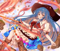 Rule 34 | black hat, blue hair, blue skirt, boots, bow, bowtie, hat, hinanawi tenshi, holding, holding sword, holding weapon, lace-up boots, long hair, puffy short sleeves, puffy sleeves, red bow, red bowtie, red eyes, ri cochet, rock, shirt, short sleeves, skirt, sword, sword of hisou, touhou, weapon, white shirt