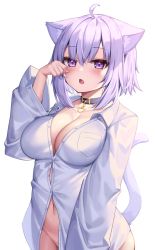 1girl ahoge animal_ear_fluff animal_ears blush breast_pocket breasts button_gap cat_ears cat_girl cat_tail collar collared_shirt deaver dot_nose dress_shirt fang groin hair_between_eyes hand_up highres hololive large_breasts long_sleeves looking_at_viewer naked_shirt navel nekomata_okayu open_mouth partially_unbuttoned pocket shirt simple_background solo tail tail_raised virtual_youtuber white_shirt