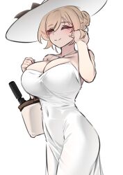 1girl absurdres bag bare_shoulders blonde_hair blush bow breasts cleavage closed_eyes closed_mouth collar collarbone covered_navel cowboy_shot curvy dress gun hair_bow hair_bun hand_up handbag hands_up hat hat_ribbon highres k0ng large_breasts merc-san_(k0ng) original red_ribbon ribbon short_hair simple_background single_hair_bun sleeveless sleeveless_dress smile solo spaghetti_strap sun_hat suppressor swept_bangs taut_clothes taut_dress weapon white_background white_dress white_hat wide_brim