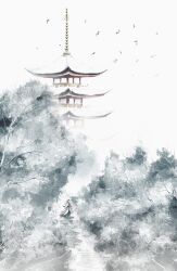 1girl absurdres animal_ears architecture bare_tree bird day detached_sleeves east_asian_architecture flock from_above from_behind hat highres hill inubashiri_momiji long_skirt mountain_of_faith nature oubachiago pagoda procreate_(medium) scenery skirt snow solo stairs stone_stairs sword sword_on_back tail tokin_hat touhou tree walking weapon weapon_on_back wide_shot winter wolf_ears wolf_girl wolf_tail