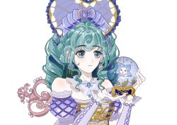 Rule 34 | absurdres, animal, aqua hair, argyle bonnet, argyle clothes, argyle sleeves, bare shoulders, blue eyes, bonnet, bow, bowtie, brown corset, cat, classic lolita, cloak, clothed animal, clown nose, collar, corset, cross-laced armwear, curly hair, detached collar, detached sleeves, dress, drill hair, earrings, expressionless, eyelashes, fortissimo, frilled arm warmers, frilled dress, frilled headwear, frilled sleeves, frills, hair bow, hair ornament, hat, hat ribbon, heart-shaped bonnet, highres, holding, holding snow globe, hood, hood up, hooded cloak, in snow globe, infinity nikki, jewelry, light blush, light particles, lolita fashion, long hair, looking at object, momo (nikki), multiple hat bows, musical note, musical note hair ornament, nikki (series), official alternate color, official alternate costume, open mouth, pink bow, pink bowtie, pointy nose, pom pom (clothes), puffy short sleeves, puffy sleeves, purple arm warmers, purple bonnet, purple bow, purple bowtie, purple cloak, purple collar, purple dress, purple ribbon, purple sleeves, ribbon, short sleeves, sidelocks, simple background, smile, snow globe, sparkle, sphere earrings, strapless, strapless dress, timeless melody (infinity nikki), white background, white bow, white cat, winding key, zhizhizhizhizhizong