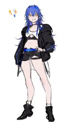 1girl :d belt black_bra black_jacket black_shoes blue_hair bra cleavage_cutout clothing_cutout facing_viewer full_body grin hair_between_eyes highres horns jacket long_hair open_clothes open_jacket open_mouth original shoes short_shorts shorts sidelocks simple_background smile solo thigh_belt thigh_strap underboob_cutout underwear very_long_hair white_background yellow_eyes yoimon