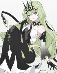 1girl absurdres asymmetrical_gloves black_gloves black_tiara breasts dress earrings elbow_gloves gloves green_hair grey_dress highres honkai_(series) honkai_impact_3rd jewelry long_hair mobius_(honkai_impact) parted_lips revealing_clothes simple_background slit_pupils small_breasts solo spikes tiara torein_(and_rain3) twitter_username uneven_gloves very_long_hair white_background