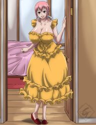 Rule 34 | 1girl, breasts, dress, female focus, gerardosteel, huge breasts, large breasts, long hair, one piece, open mouth, pink hair, rebecca (one piece), text focus