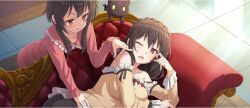 Rule 34 | 2girls, armpit crease, black cat, black pajamas, braid, breasts, brown hair, cat, chomusuke, collarbone, couch, crown braid, detached sleeves, frilled pajamas, frilled sleeves, frills, from above, game cg, highres, indoors, jitome, kono subarashii sekai ni shukufuku wo!, konosuba! fantastic days, large breasts, leaning forward, light blush, long hair, long sleeves, looking at another, lying, megumin, multiple girls, official alternate costume, official art, on couch, on side, one eye closed, open mouth, pajamas, pink pajamas, red eyes, shade, short hair, short hair with long locks, sidelocks, sleepy, standing, sunlight, triangle mouth, v-shaped eyebrows, winged cat, wispy bangs, yellow pajamas, yunyun (konosuba)