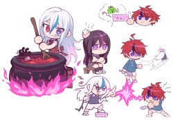 1boy 3girls ahoge black_hair blush cauldron chibi closed_mouth eva_(hundred_line) fire full_body hair_between_eyes heterochromia highres holding holding_spoon messy_hair multicolored_eyes multicolored_hair multiple_girls oosuzuki_kurara open_mouth pink_eyes pink_fire pink_hair purple_eyes purple_hair red_eyes red_hair siblings sisters smile spoon teeth the_hundred_line_-last_defense_academy- tomato v&#039;ehxness white_background wooden_floor