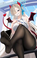 1girl absurdres alternate_costume aqua_halo aqua_ribbon arm_support asuna_(blue_archive) asymmetrical_bangs bare_shoulders black_pantyhose blonde_hair blue_archive blue_eyes blue_sky breast_pocket breasts cleavage cloud cloudy_sky collared_shirt crossed_legs day demon_girl demon_horns demon_tail demon_wings feet floating_hair foot_focus foot_up from_below hair_intakes hair_over_one_eye hair_ribbon halo hand_on_own_chest head_tilt highres horns huge_breasts hyurumari id_card indoors light_blush long_hair looking_at_viewer mini_wings mole mole_on_breast naughty_face no_shoes office_lady pantyhose pen pocket red_horns red_wings ribbon shirt sitting sky sleeveless sleeveless_shirt soles solo tail teeth toe_seam toes very_long_hair white_shirt window wings