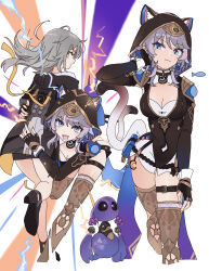 2girls absurdres animal_ears armored_boots belt black_leotard blue_eyes boots breasts carrying carrying_person cat_ears cat_girl cat_tail cipher_(honkai:_star_rail) cleavage commentary_request gold_boots grey_hair highres honkai:_star_rail honkai_(series) hooded_leotard leotard medium_breasts medium_hair mole mole_on_breast multiple_girls multiple_views origami_gyokuo shirt short_hair_with_long_locks stelle_(honkai:_star_rail) tail thigh_belt thigh_strap thighs trailblazer_(honkai:_star_rail) white_shirt yellow_eyes