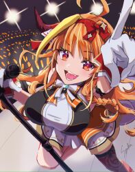 1girl ahoge asymmetrical_legwear blonde_hair blush bow bow_skirt breasts dragon_girl dragon_horns dragon_tail frilled_straps gloves glowstick hair_ornament hairband halter_shirt halterneck hololive hololive_idol_uniform_(origin) horn_bow horn_ornament horns idol idol_clothes kiryu_coco large_breasts layered_skirt long_hair looking_at_viewer mismatched_legwear multicolored_hair official_alternate_costume open_mouth orange_hair pointy_ears red_eyes skirt sleeveless smile stage stage_lights streaked_hair syuuka617 tail thighhighs virtual_youtuber white_bow white_gloves white_skirt wrist_cuffs