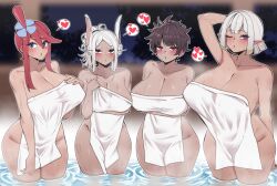4girls 7a_(se7ena) ;o animal_ears arm_behind_head arm_under_breasts arms_under_breasts black_hair blue_eyeliner blue_eyes blush boku_no_hero_academia breasts cleavage collarbone covering_privates crossed_arms crossover curvy dark-skinned_female dark_skin eye_of_horus eyeliner female_focus furrowed_brow hair_between_eyes hair_ornament hand_on_own_chest hathor_(last_origin) heart highres huge_breasts last_origin long_eyelashes long_hair looking_at_viewer makeup melt_(last_origin) mirko multiple_girls naked_towel night nintendo no_horns nude_cover one_eye_closed one_side_up onsen parted_bangs parted_lips pink_eyes pointy_ears pokemon pokemon_bw ponytail rabbit_ears rabbit_girl red_eyes red_hair short_hair skyla_(pokemon) spoken_heart steam thick_thighs thighs towel trait_connection wading water wet white_hair wide_hips