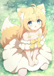 1girl ahoge animal_ear_fluff animal_ears bare_shoulders blonde_hair blue_eyes bow commentary_request commission dress fox_ears fox_girl highres long_hair looking_at_viewer on_grass open_mouth original outdoors skeb_commission solo tyomimas variant_set white_dress yellow_bow