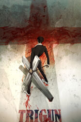 1boy back black_hair black_suit blood blood_trail copyright_name cross cross_punisher drrra formal_clothes highres large_cross nicholas_d._wolfwood short_hair solo suit sunglasses trigun white_footwear