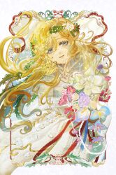 1girl :d bare_shoulders blonde_hair blue_eyes blue_flower border dress floating_hair flower hair_flower hair_ornament highres holding holding_flower long_hair off-shoulder_dress off_shoulder open_mouth ornate_border pink_flower reverse:1999 scales seiiichannnn smile solo upper_body vila_(reverse:1999) white_dress white_flower