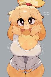 1girl :3 animal_crossing animal_nose blonde_hair blush bottomless breasts bright_pupils brown_eyes cleavage clenched_hands cowboy_shot curvy english_text furry furry_female grey_background highres isabelle_(animal_crossing) large_breasts legs_together long_hair long_sleeves looking_at_viewer motion_lines nintendo off_shoulder pu_ri_(puri3301) shirt simple_background single_bare_shoulder solo standing straight-on sweat thick_thighs thighs topknot v_arms white_pupils white_shirt wide_hips yellow_fur