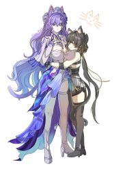 2girls :q absurdres animal_ear_fluff animal_ears asymmetrical_legwear bare_shoulders black_boots black_dress black_gloves black_hair black_shorts boots breasts cantarella_(wuthering_waves) cat_ears chinese_commentary closed_mouth commentary commentary_request dress earrings elbow_pads english_commentary female_rover_(wuthering_waves) full_body gloves hair_between_eyes hair_ribbon headdress high_heels highres hug jewelry kemonomimi_mode kneehighs korean_commentary large_breasts le_wen legwear_cutout long_hair looking_at_viewer low_ponytail mixed-language_commentary multiple_girls nail_polish ponytail purple_eyes purple_hair purple_nails ribbon rover_(wuthering_waves) shoes short_shorts shorts shrug_(clothing) simple_background single_kneehigh single_sock single_thighhigh sleeveless sleeveless_dress smile socks thigh_boots thighhighs thighs tongue tongue_out uneven_legwear very_long_hair white_background white_dress white_shoes white_shrug white_socks white_thighhighs wuthering_waves yellow_eyes yellow_ribbon