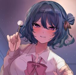 1girl absurdres blue_hair blush bow bowtie cardigan collared_shirt fuyu_2320 grey_cardigan hair_bun hair_ribbon highres holding indie_virtual_youtuber long_sleeves mimikaki mole mole_under_mouth pink_bow pink_bowtie purple_eyes ribbon second-party_source shirt short_hair smile solo sweat tokiai_misao virtual_youtuber white_shirt
