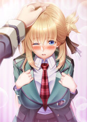 1girl 1other agnes_claudel blonde_hair blush breasts curtains eiyuu_densetsu hands_on_own_chest hanging_breasts headpat kai_no_kiseki kuro_no_kiseki_(series) lar large_breasts lips long_hair nails necktie one_eye_closed open_mouth pink_background pov school_uniform yuuzuki_hijiri