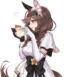 Rule 34 | 1girl, absurdres, animal, animal ears, asymmetrical gloves, benikirin, black gloves, braid, braided sidelocks, brown hair, curren bouquetd&#039;or (umamusume), ear covers, elbow gloves, gloves, grey eyes, hamster, heart, highres, holding, holding animal, horse ears, horse girl, low twin braids, mismatched ear covers, mismatched gloves, simple background, twin braids, umamusume, white background, white gloves