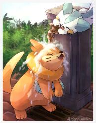 animal_focus buizel closed_eyes fangs gen_4_pokemon highres misonikomiii nintendo no_humans open_mouth pachirisu pokemon pokemon_(creature) smile standing twitter_username water