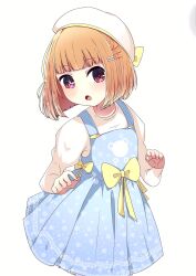 Rule 34 | arima kana, beret, blonde hair, blue overalls, blue skirt, blush, bow, hat, highres, hoshino aquamarine, if they mated, medium hair, oepn mouth, oshi no ko, overalls, red eyes, risdelusions, shirt, skirt, star-shaped pupils, star (symbol), symbol-shaped pupils, white hat, white shirt, yellow bow