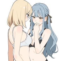 Rule 34 | 2girls, absurdres, add leir, bang dream!, bang dream! it&#039;s mygo!!!!!, black bra, black ribbon, blonde hair, blue hair, blush, bra, breasts, chinese commentary, cleavage, commentary request, hair ribbon, highres, long hair, looking at another, medium breasts, medium hair, misumi uika, multiple girls, navel, purple eyes, ribbon, small breasts, togawa sakiko, two side up, underwear, underwear only, white bra, yellow eyes, yuri