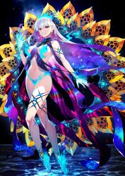1girl anklet bare_shoulders barefoot between_breasts black_background blue_fire breasts colored_inner_hair earrings fate/grand_order fate_(series) fiery_clothing fire fire_censor flaming_foot flaming_hand floating_clothes floating_hair flower full_body game_cg grin hair_flower hair_ornament hair_ribbon hand_up jewelry kama_(fate) kama_(swimsuit_avenger)_(fate) kama_(swimsuit_avenger)_(third_ascension)_(fate) large_breasts long_hair looking_at_viewer multicolored_hair nail_polish narrow_waist navel official_art pink_nails purple_ribbon red_eyes redrop revealing_clothes ribbon single_sidelock smile solo starry_hair teeth third-party_source very_long_hair water white_hair