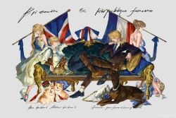 Rule 34 | 2boys, 2girls, absurdres, axis powers hetalia, backless dress, backless outfit, bear270901, blonde hair, blue dress, blue eyes, boots, braid, collared shirt, couch, crown, dog, dress, earrings, facial hair, formal clothes, france (female) (hetalia), france (hetalia), french flag, goatee stubble, green eyes, grey background, hair bun, hair ribbon, highres, holding, holding scepter, incredibly absurdres, jacket, jewelry, long hair, monocle, multiple boys, multiple girls, necklace, necktie, on couch, pants, ribbon, scepter, shirt, shoes, short hair, single hair bun, sitting, skull, smile, stubble, suit, thick eyebrows, twintails, union jack, united kingdom (female) (hetalia), united kingdom (hetalia), updo, white dress, white shirt