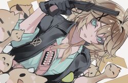1girl ammunition black_gloves black_jacket blonde_hair dokibird_(vtuber) dokibird_(vtuber)_(bounty_hunter) dragoon_(dokibird) fang gloves green_eyes gun hair_between_eyes hair_ornament handgun hashtag-only_commentary highres holding holding_gun holding_weapon indie_virtual_youtuber jacket medium_hair naokomama neckerchief official_alternate_costume open_clothes open_jacket open_mouth revolver shirt skin_fang sleeves_rolled_up solo sunglasses virtual_youtuber weapon x_hair_ornament yellow_neckerchief