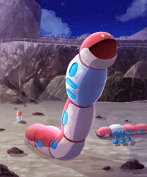 animal_focus cloud fence full_body highres night night_sky nintendo no_humans open_mouth orthworm outdoors pokemon pokemon_(creature) pokemon_focus rock sand sky solo_focus star_(sky) starry_sky zousui_(zousuioishii)