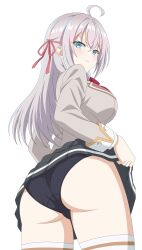 1girl absurdres alisa_mikhailovna_kujou angry ass black_panties black_skirt blazer breasts closed_mouth clothes_lift commentary from_behind grey_hair grey_jacket highres jacket large_breasts lifting_own_clothes long_hair looking_at_viewer panties school_uniform seiren_academy_school_uniform senor_h simple_background skirt skirt_lift solo tank_top thighs tokidoki_bosotto_roshia-go_de_dereru_tonari_no_alya-san underwear variant_set white_background white_tank_top