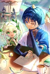 1girl 3boys absurdres aether_(genshin_impact) animal animal_ear_hood animal_ears animal_on_head anklet aqua_sleeves aranara_(genshin_impact) arm_on_table arm_rest armlet armor bird bird_on_head black_bodysuit black_bridal_gauntlets black_gloves black_hair black_hood black_hoodie black_pants black_shirt black_shoes black_shorts blue_aura blue_cape blue_gemstone blue_hair blunt_ends blush bodysuit book book_stack bridal_gauntlets cape chair clenched_hand closed_mouth coffee coffee_mug colored_tips cropped_shirt crossed_bangs cup detached_sleeves drawing_(object) dress elbow_on_table elbow_rest eyelashes eyeliner eyeshadow facing_another fake_animal_ears finch fingernails fox_ears fox_tail gem genshin_impact gloves gold gold_ring green_aura green_eyes green_hair green_sleeves hair_between_eyes hair_intakes hair_ornament half_crown_braid hand_on_own_face hand_on_table hand_up happy head_rest highres holding holding_pen hood hood_down hoodie japanese_armor jewelry kote kurokote layered_sleeves leaf leaf_hair_ornament light_blush long_hair looking_at_another looking_at_object makeup middle_ring mug multicolored_hair multiple_boys nahida_(genshin_impact) nero_hanken niwa_(genshin_impact) on_head one_eye_closed open_hand open_mouth outdoors paimon_(genshin_impact) pants paper pen plate pointy_ears purple_eyes red_eyeliner red_eyeshadow red_trim scaramouche_(genshin_impact) scaramouche_(kabukimono)_(genshin_impact) shirt shoes short_sleeves shorts shoulder_peek side_ponytail sidelocks sitting socks stirrup_legwear streaked_hair sumeru_city table tail tareme toeless_legwear tsurime umbrella vision_(genshin_impact) wanderer_(genshin_impact) white_dress white_hair white_sleeves white_socks white_trim wispy_bangs wooden_chair wooden_table yellow_aura