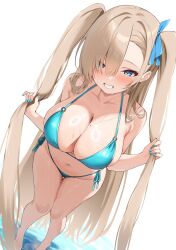1girl asuna_(blue_archive) bikini blue_archive blue_bikini blue_eyes blue_nails blush breasts brown_hair cleavage collarbone commentary fingernails grin hair_over_one_eye highres holding holding_own_hair large_breasts long_hair looking_at_viewer mole mole_on_breast navel side-tie_bikini_bottom smile solo stomach swimsuit twintails two_side_up very_long_hair water wet zarashi