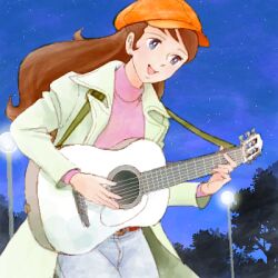 Rule 34 | 1girl, acoustic guitar, belt, belt buckle, blue eyes, blue pants, brown belt, brown hair, buckle, coat, commentary, cowboy shot, denim, guitar, guitar strap, hat, instrument, jeans, lamppost, lapels, long hair, lowres, mine nozomi, music, newsboy cap, night, night sky, open clothes, open coat, open mouth, orange hat, pants, playing guitar, playing instrument, sakai yume, sasurai no taiyou, sky, smile, solo, standing, star (sky), starry sky, sweater, tree, turtleneck, turtleneck sweater, white coat, yellow sweater