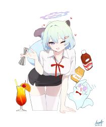 1girl absurdres alternate_costume animal_ears aqua_hair aqua_tail arm_support artist_name bartender black_skirt blue_archive blue_halo breasts bright_pupils collared_shirt commentary cranberry cup dated drinking_glass extra_ears flying_sweatdrops hair_between_eyes halo heart highres holding juice juice_box leaning_forward looking_at_viewer medium_breasts miniskirt mona_kkkk neck_ribbon one_eye_closed open_mouth orange_juice pencil_skirt ponta_itachi purple_eyes red_ribbon ribbon shigure_(blue_archive) shirt short_hair short_sleeves signature simple_background skirt smile tail thighhighs thighs weasel_ears weasel_girl weasel_tail white_background white_pupils white_thighhighs