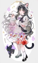 1girl animal_ears black_hair black_nails blood cat cat_ears cat_tail choker dress full_body guozi375 highres long_hair long_sleeves looking_at_viewer original purple_eyes ribbon shoes socks solo stuffed_animal stuffed_toy tail