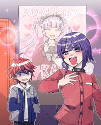 1girl 2boys :d ^_^ absurdres ahoge black_hairband black_sailor_collar black_streaks blue_eyes blue_jacket blunt_bangs blush bow bow_hairband brother_and_sister closed_eyes double_bun drawstring english_text gakuran grey_jacket hair_bun hairband hand_up hands_in_pockets heart highres hood hoodie indoors jacket locker long_hair looking_ahead looking_at_another male_focus multicolored_hair multicolored_jacket multiple_boys official_art open_mouth pink_hair poster_(object) purple_eyes purple_hair red_hair red_serafuku sailor_collar school_uniform second-party_source serafuku short_hair siblings skirt smile sparkle streaked_hair sumino_takumi the_hundred_line_-last_defense_academy- tsukumo_ima tsukumo_kako twintails two-tone_jacket white_bow white_hoodie