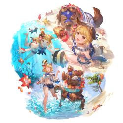 1girl ^^^ air_bubble angelfish animal_ears barefoot beret blonde_hair blue_shorts breasts brown_eyes bubble closed_eyes coral crab crop_top dog dog_ears dog_girl dog_tail fish flower flower_wreath garjana goggles granblue_fantasy hair_flower hair_ornament hat hermit_crab hibiscus jacket lifebuoy midriff multiple_views navel off_shoulder official_alternate_costume official_art open_mouth palm_tree rake running sailor_collar sand scrunchie shirt short_hair short_shorts shorts sitting sleeveless sleeveless_jacket sleeveless_shirt small_breasts smile sparkle starfish swim_ring swimming tail transparent_background tree underwater vajra_(granblue_fantasy) vajra_(summer)_(granblue_fantasy) wariza water white_headwear white_jacket white_shirt wrist_scrunchie