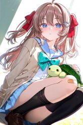 1girl aqua_bow bandaid bandaid_on_knee bandaid_on_leg black_socks blue_eyes blue_sailor_collar blue_skirt bow brown_hair cardigan commentary commentary_request english_commentary hair_ornament heart heart_hair_ornament highres indie_virtual_youtuber kneehighs neuro-sama sailor_collar saruei shirt skirt socks turtle two_side_up vedal987 virtual_youtuber white_shirt yellow_cardigan