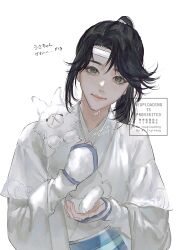 Rule 34 | 1boy, absurdres, animal, artist name, black hair, blue sash, chinese clothes, closed mouth, grey eyes, hanfu, headband, highres, holding, holding animal, holding rabbit, lan sizhui, long hair, long sleeves, looking at viewer, male focus, modao zushi, ojisan rbt, ponytail, rabbit, robe, sash, simple background, sleeves past wrists, smile, solo, twitter username, upper body, watermark, white background, white hanfu, white headband, white rabbit (animal), wide sleeves